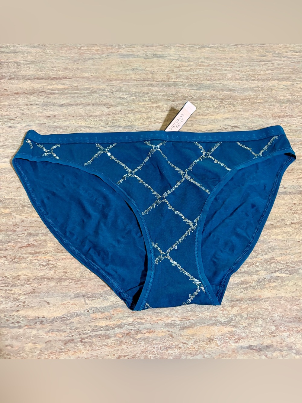 NWT Victoria's Secret Blue and Silver Logo Print Bikini Panty